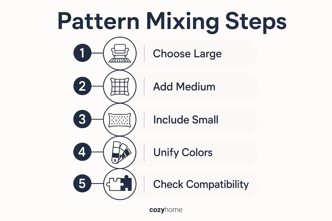Infographic illustrating fabric pattern mixing steps