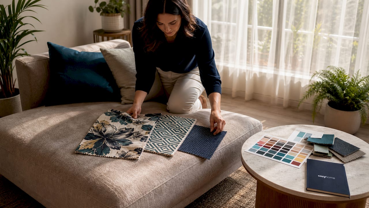Hands arranging fabric patterns on armchair