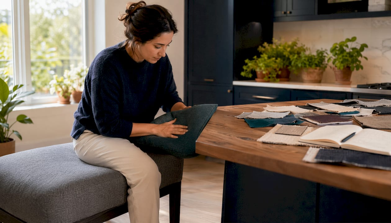 Woman testing sofa cushion firmness at home