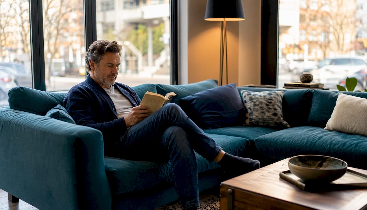 Man reading on terracotta sofa in modern living room