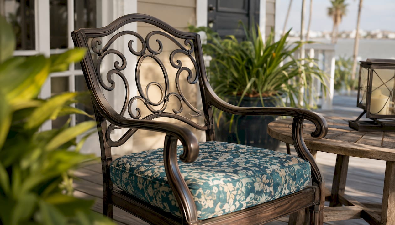 Detailed wrought iron outdoor dining chair
