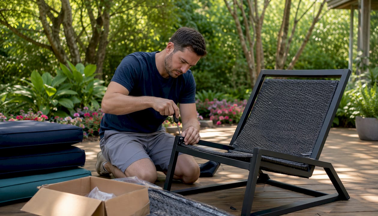Man building aluminum frame outdoor chair