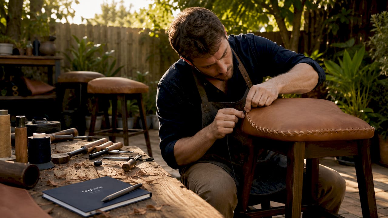 Artisan hand-stitching leather on bar stool