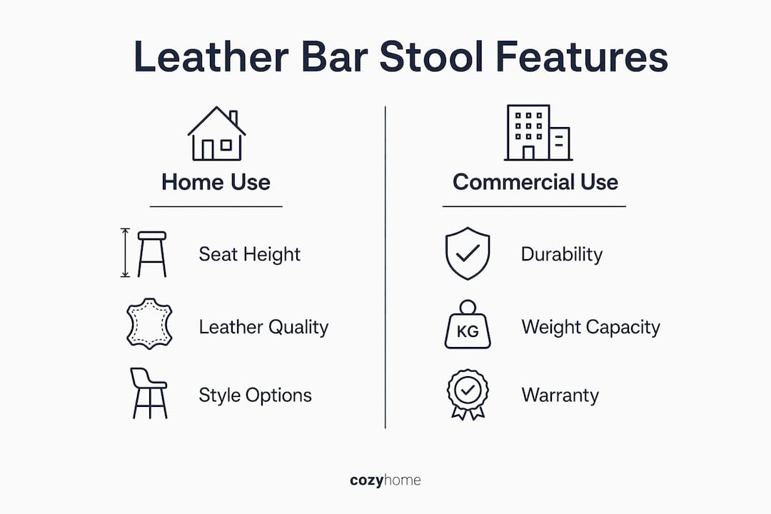 Infographic showing comparison of leather bar stool features for home and commercial use