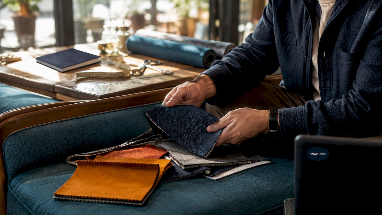 Hands holding fabric swatches on bench cushion