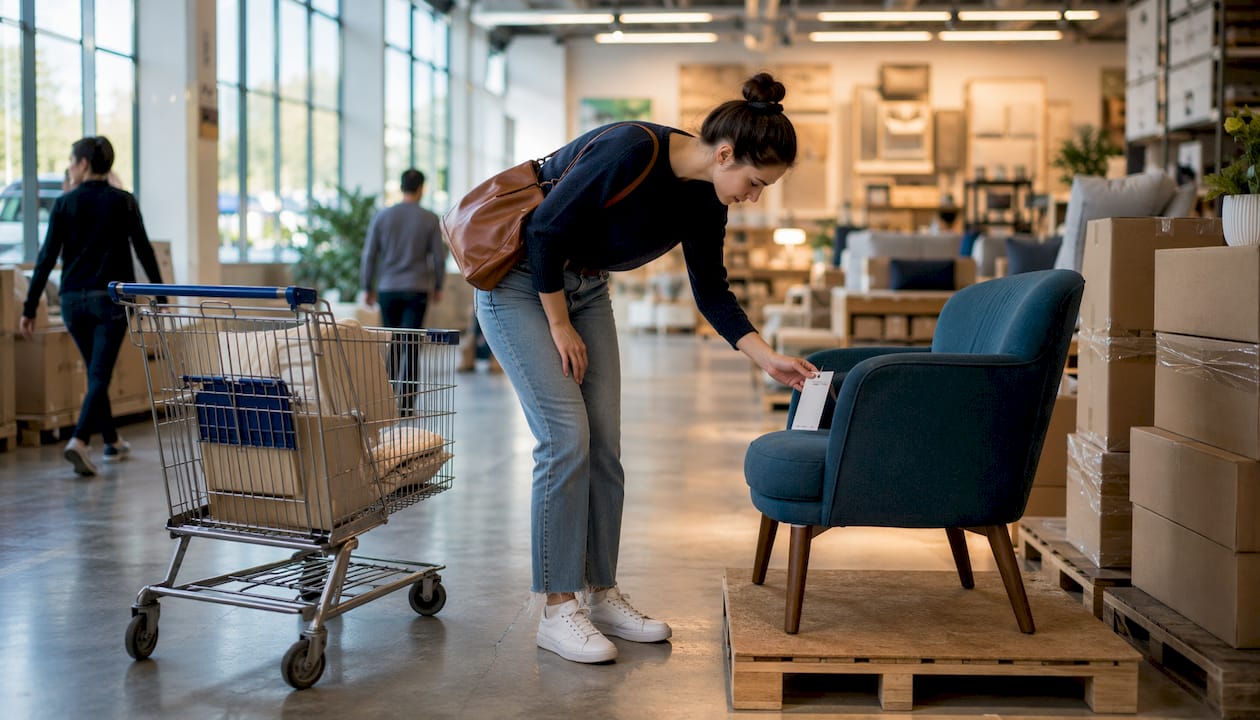 Shopper examining boxed furniture in warehouse store aisle
