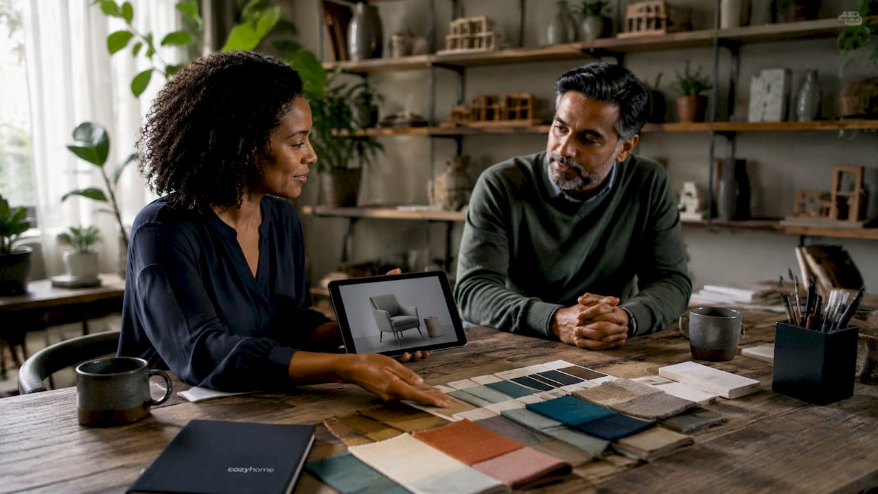 Designer and client discussing furniture customization options