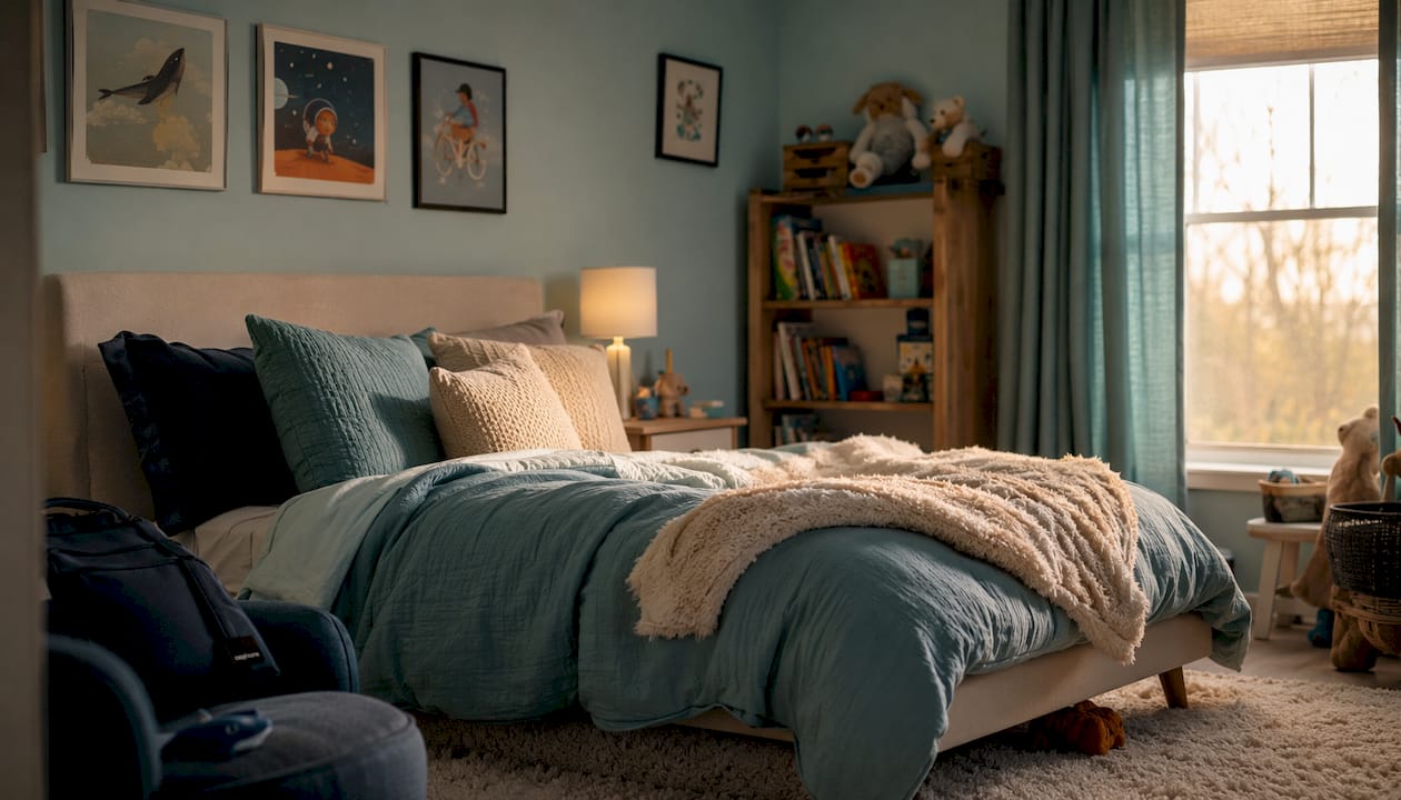Child’s bedroom with coordinated bedding and decor