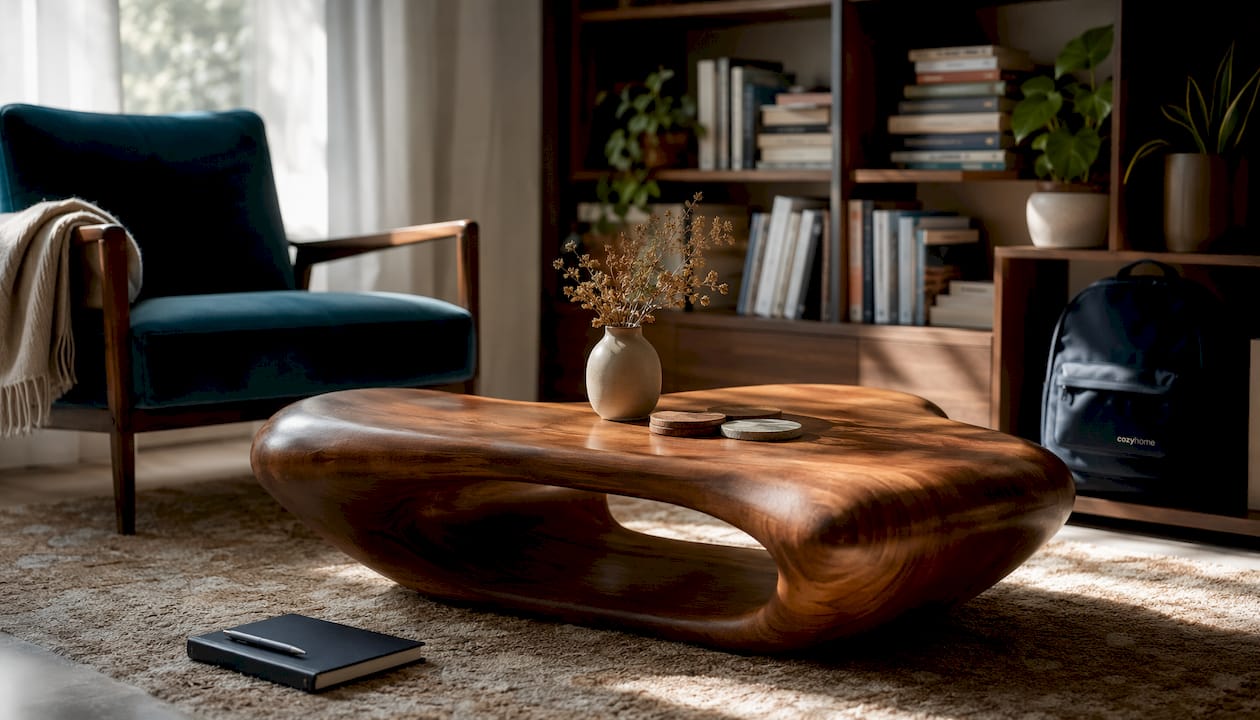 Sculptural wooden coffee table as room focal point
