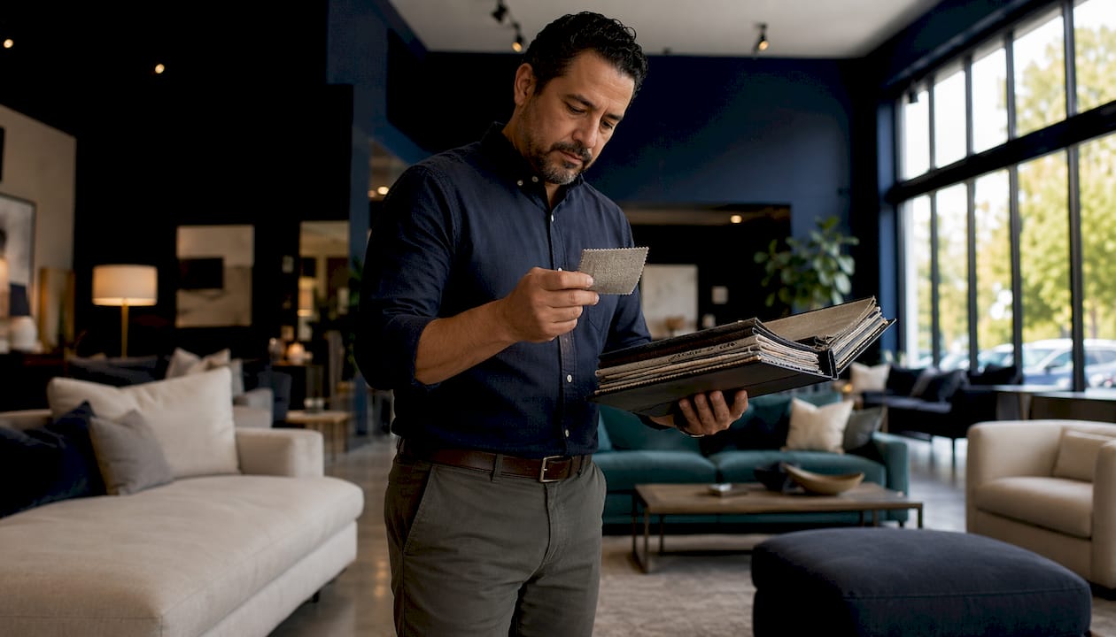 Man selecting sofa fabric at furniture showroom