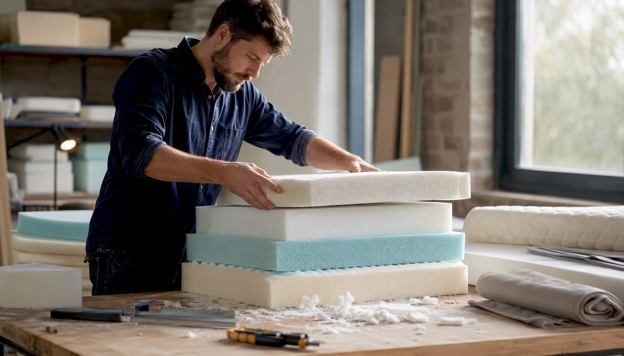 Craftsman assembling layers of extra firm mattress