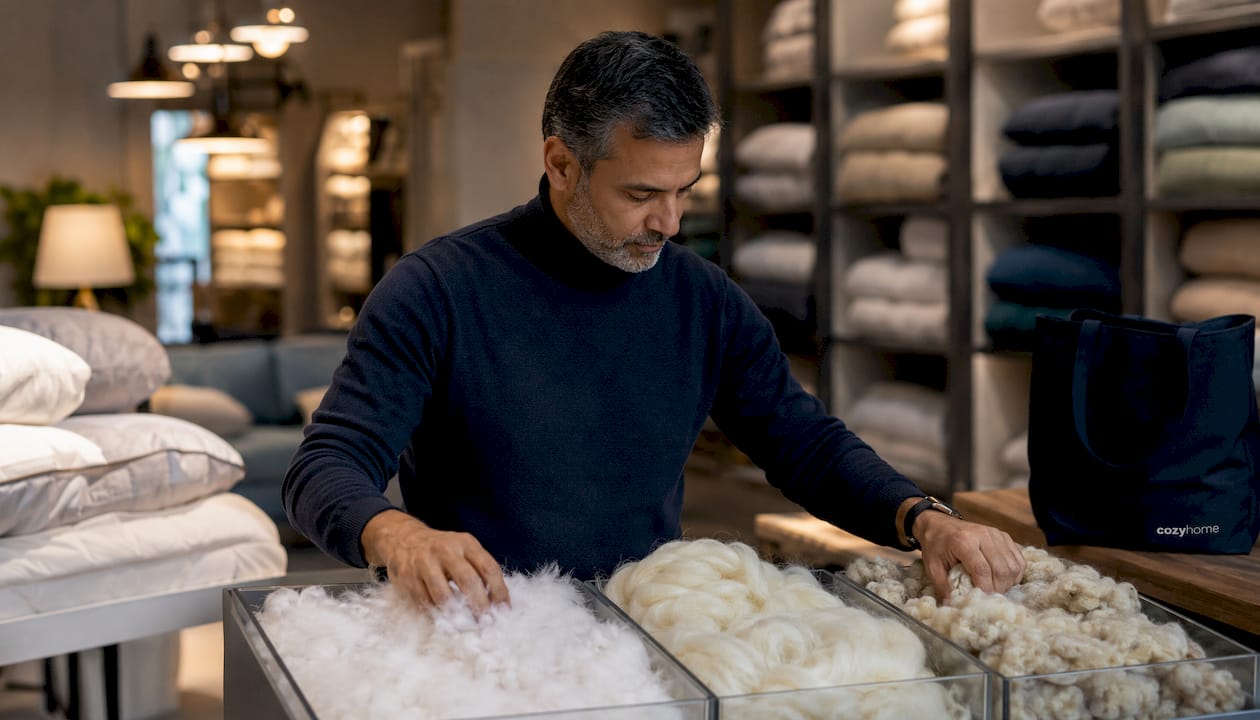 Hands feeling various king duvet insert filling materials
