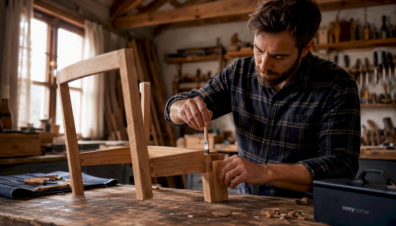 Hands applying glue to chair frame joint