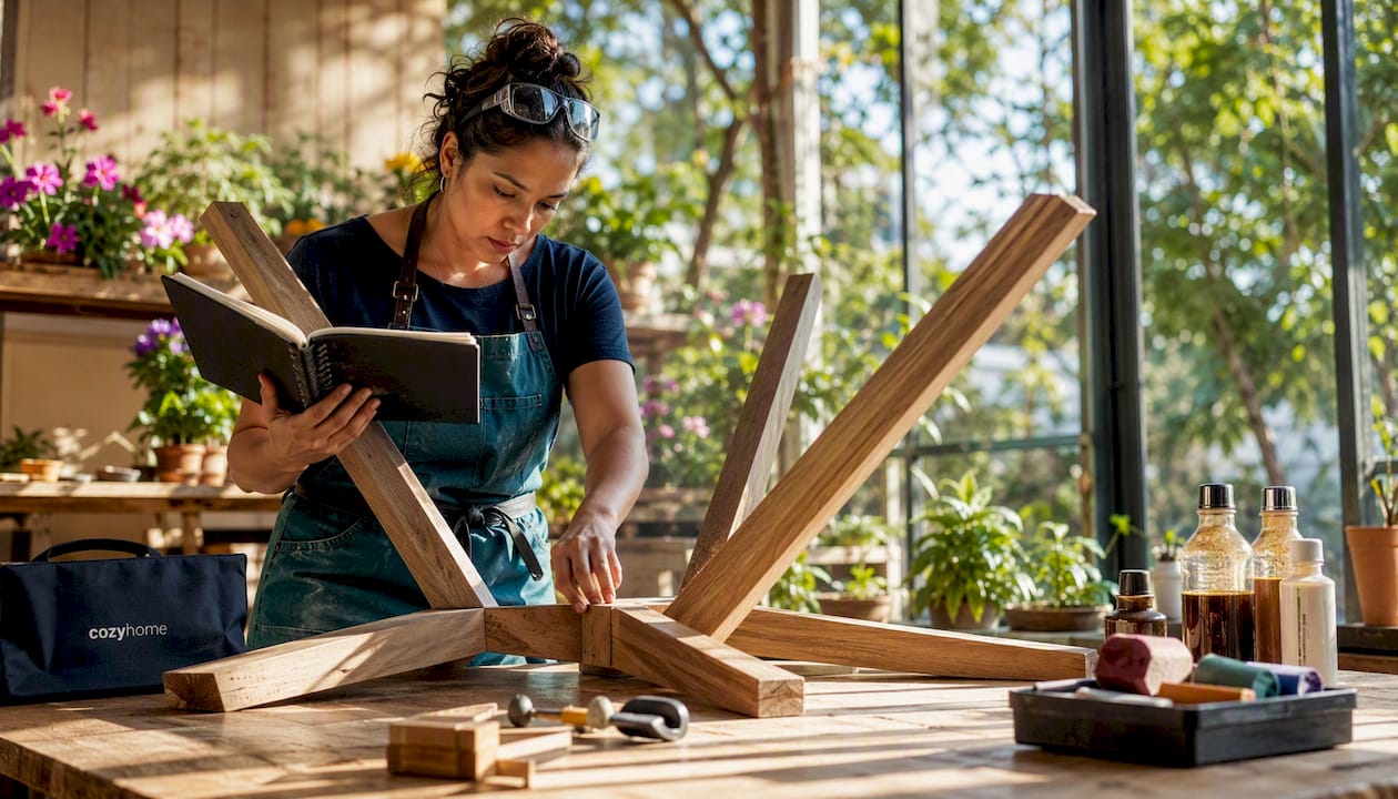 Artisan checking dining table production progress