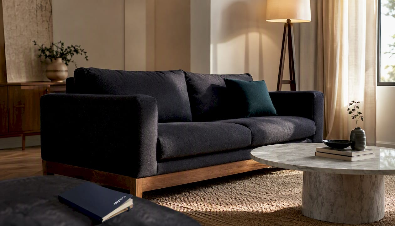 Dark sofa contrasting with light coffee table