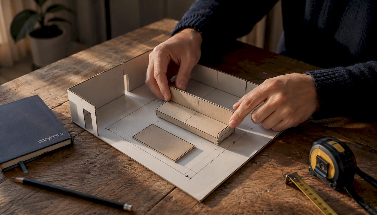 Hands arranging sofa layout model on table