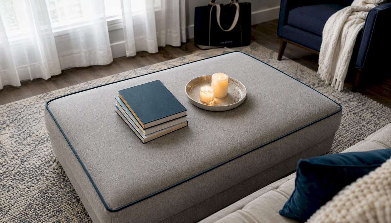Gray ottoman with dark contrast welt edges