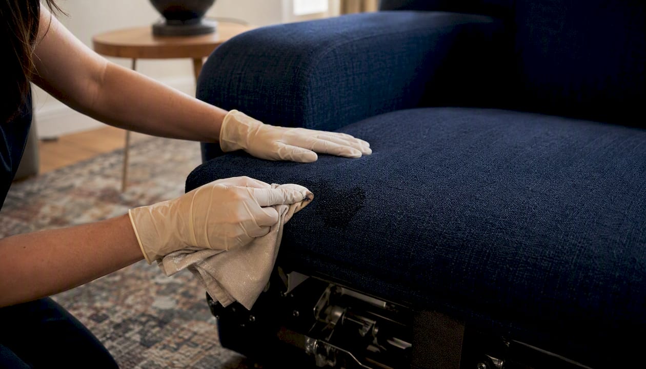 Cleaning fabric near sofa recliner mechanism