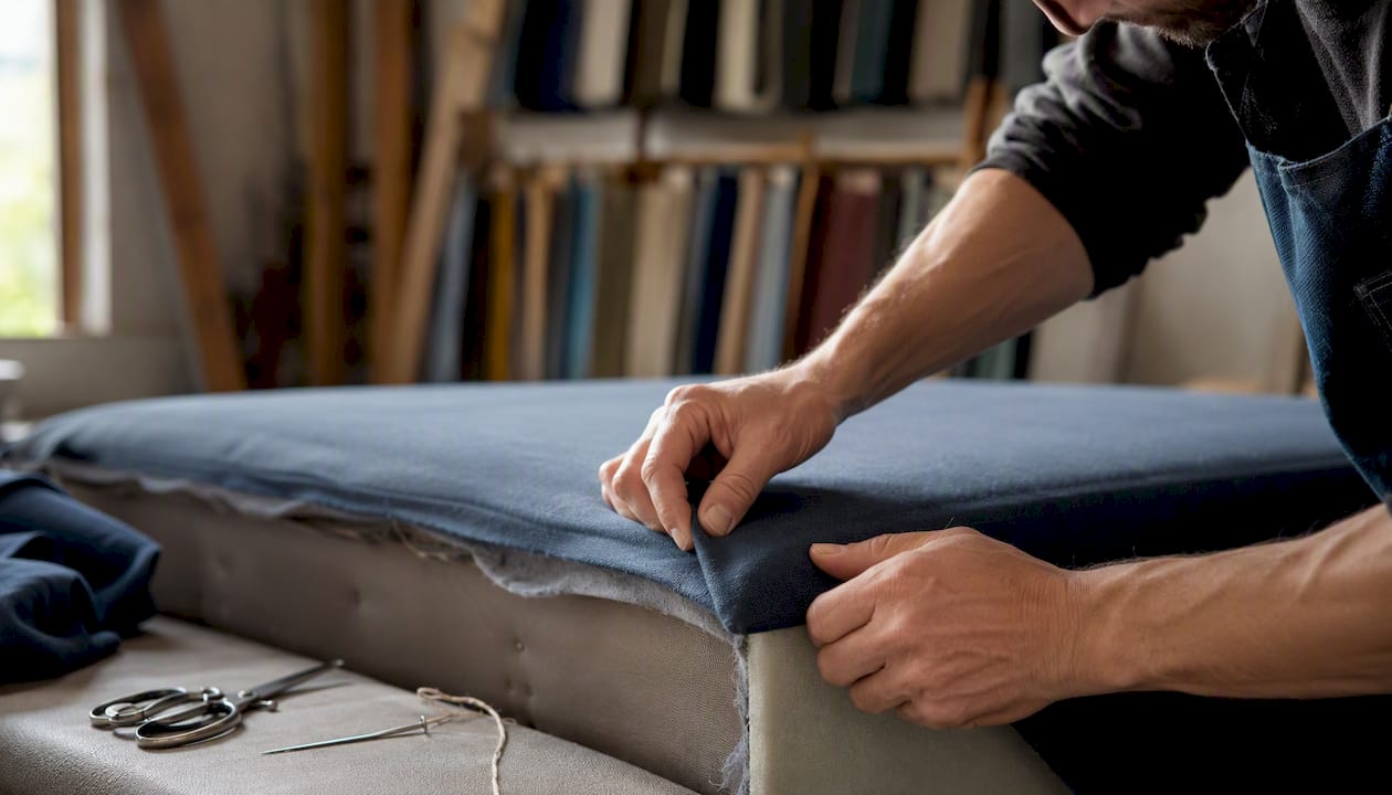 Close-up of hands working upholstery fabric on cushion