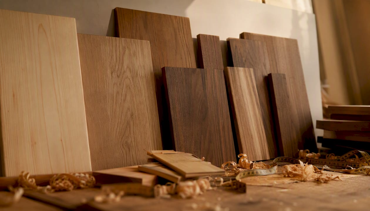 Wood species samples on showroom table