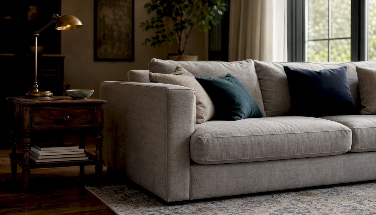 Neutral sofa anchor piece with vintage side table