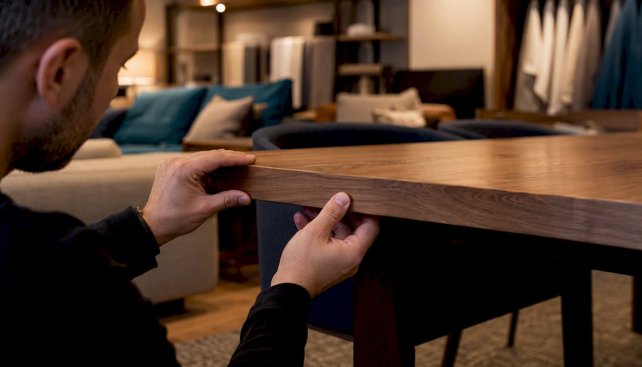 Hands inspecting table wood joinery detail