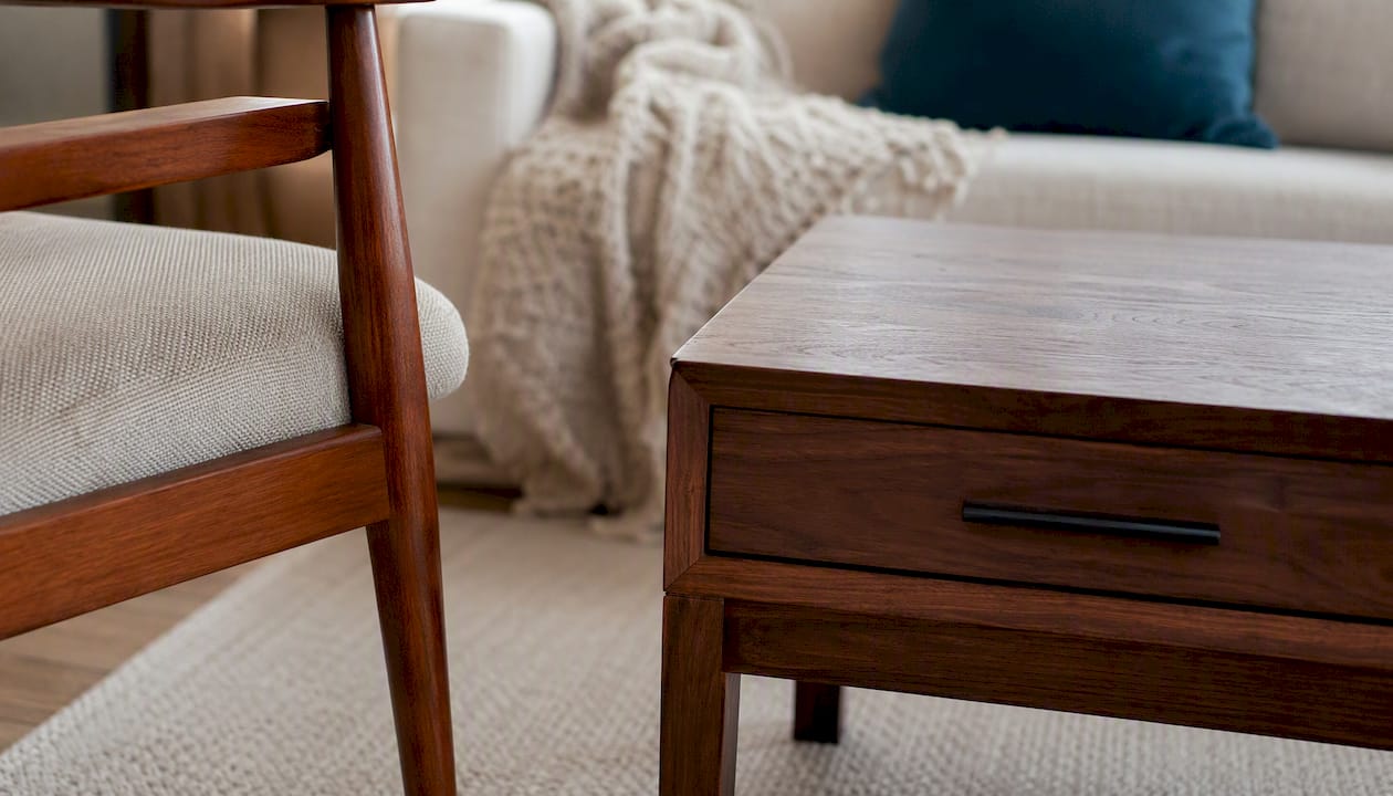 Repeated wood and metal finishes in furniture details