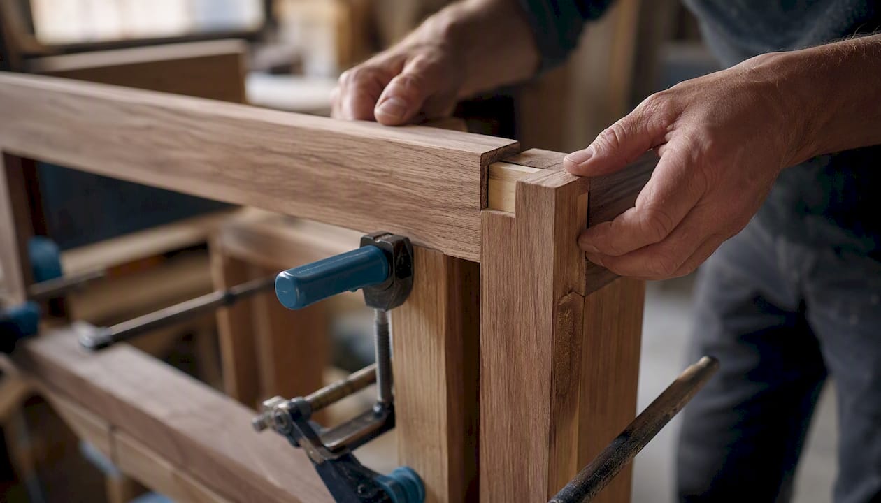 Artisan hands assembling hardwood sofa frame joint