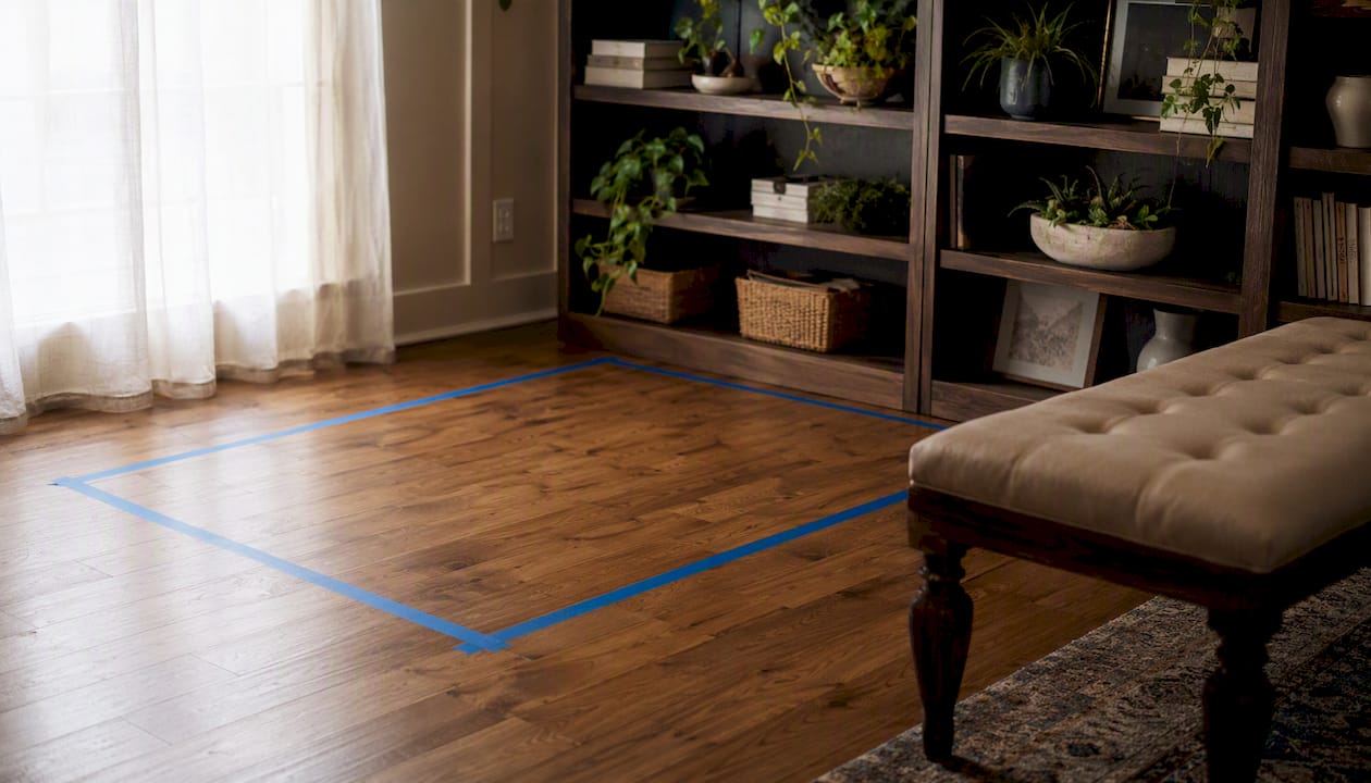 Painter's tape sofa footprint on floor