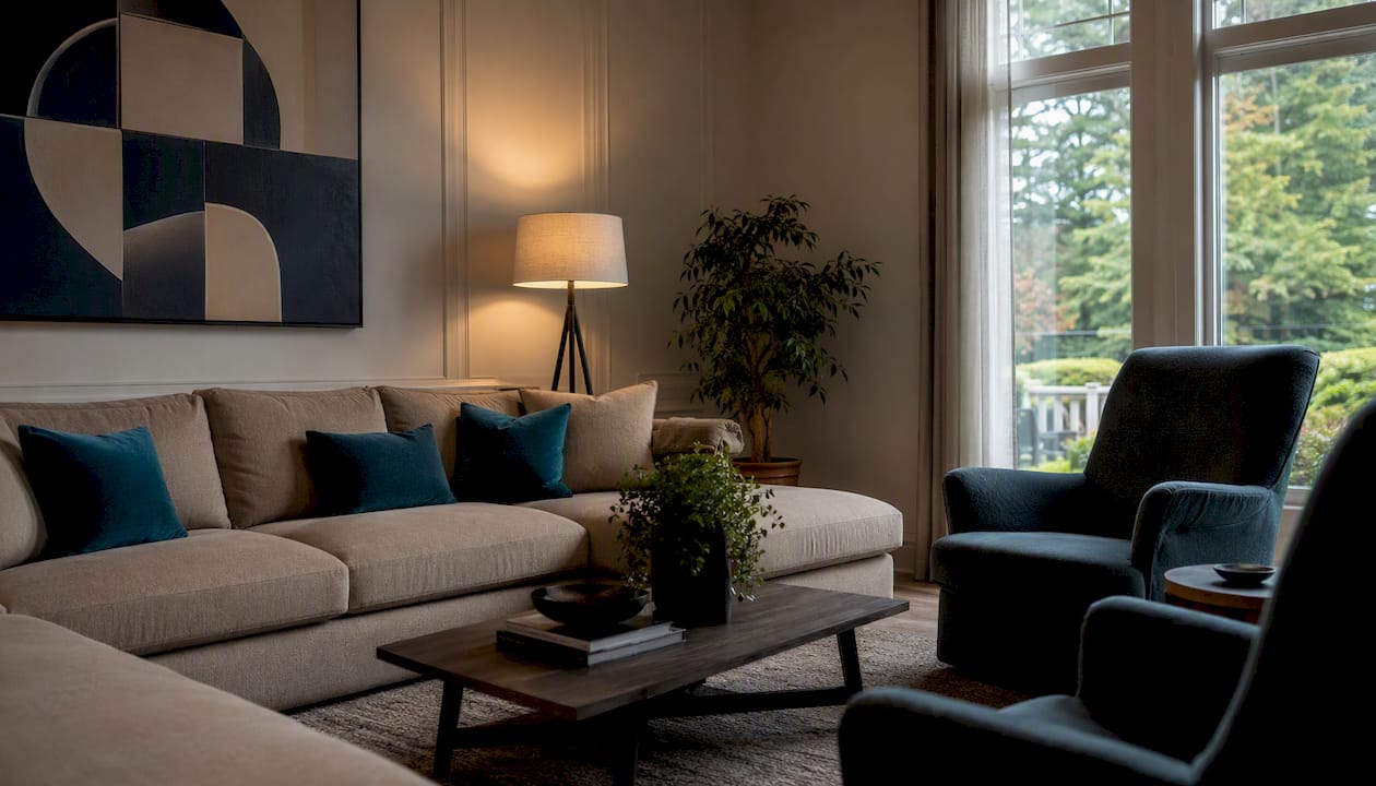 Large sectional and tall chairs anchoring room