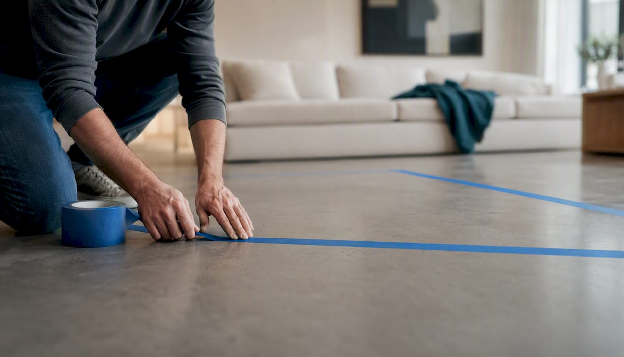 Hands applying painter's tape on hardwood floor