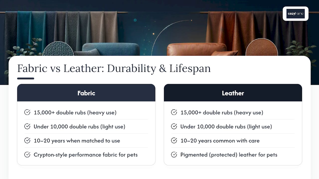 Diagram comparing fabric and leather durability and lifespan
