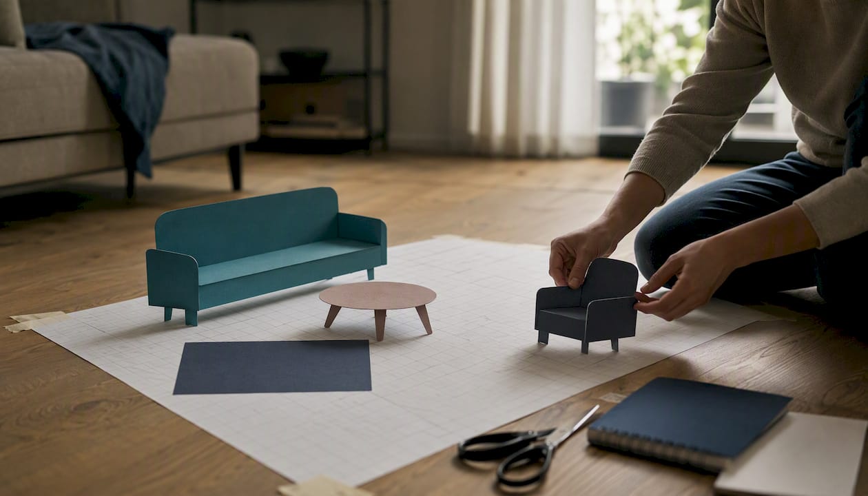 Hands sliding paper furniture templates on floor plan