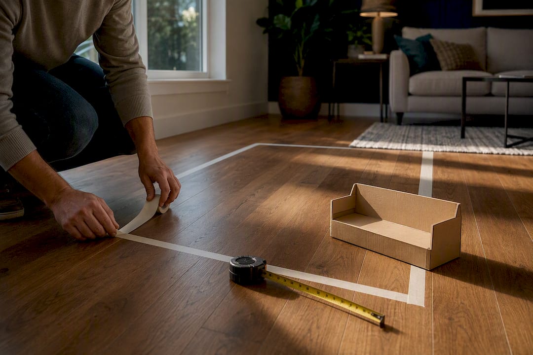 Hands taping sofa footprint on floor