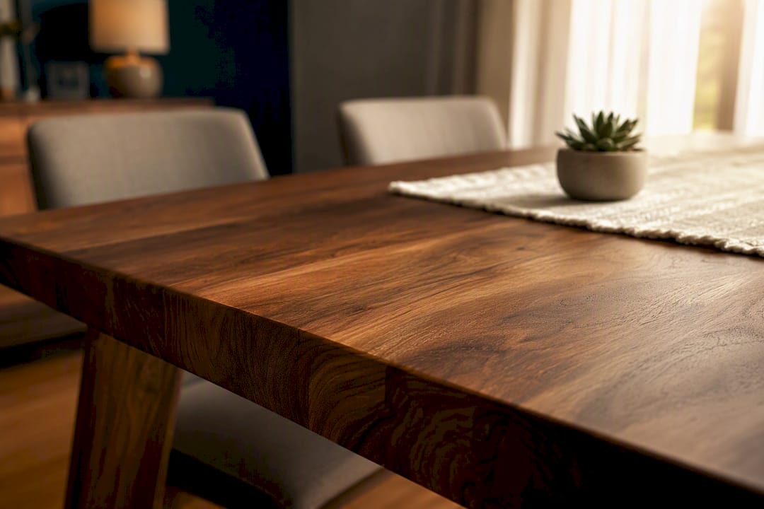Detailed acacia wood table surface close-up