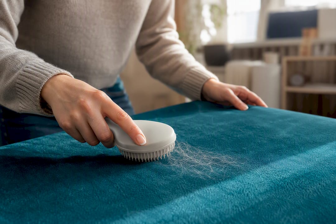 Rubber brush lifting hair from short-pile velvet fabric