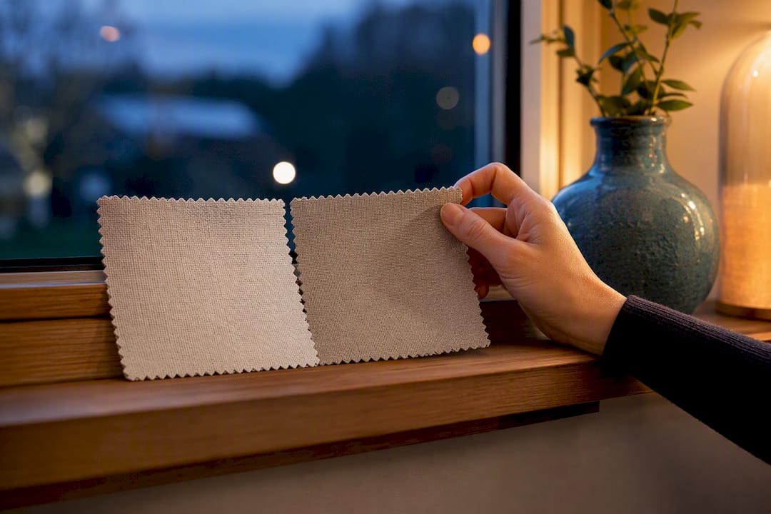 Two neutral fabric swatches in evening light