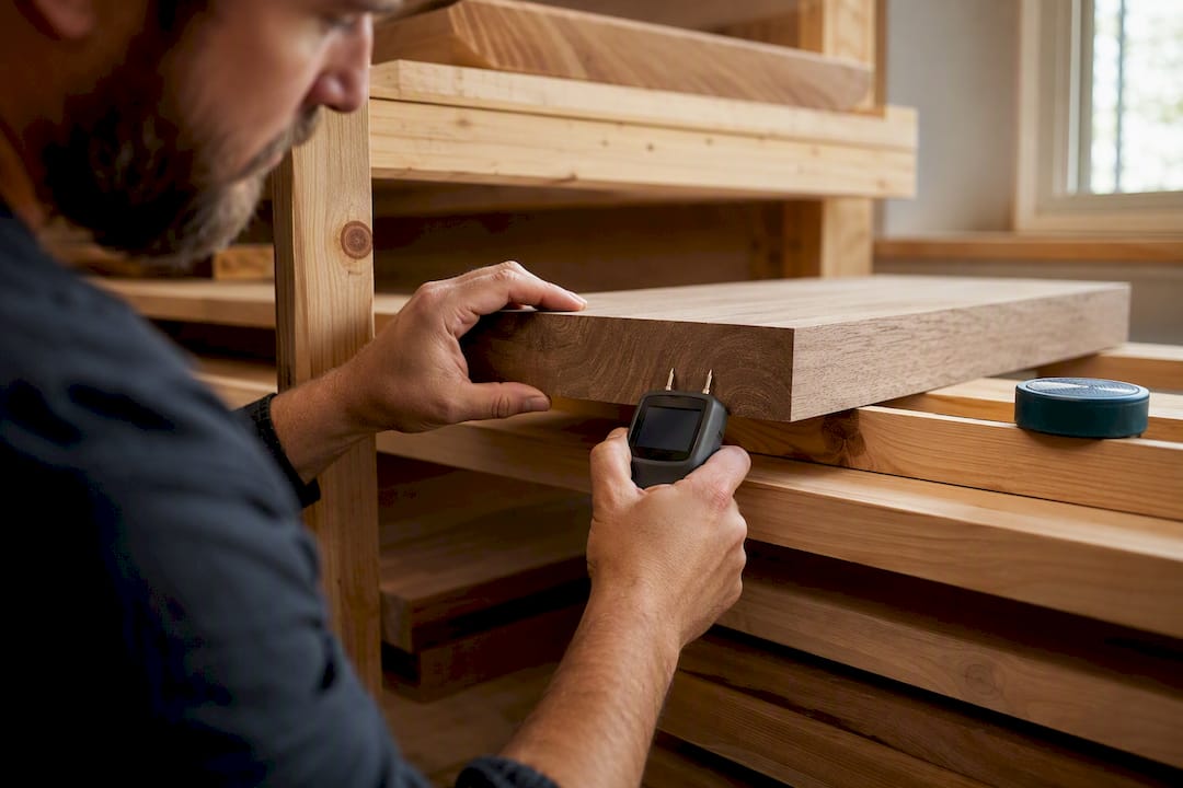 Woodworker testing lumber moisture content