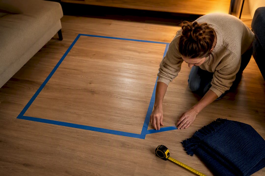 Taped coffee table footprint on floor
