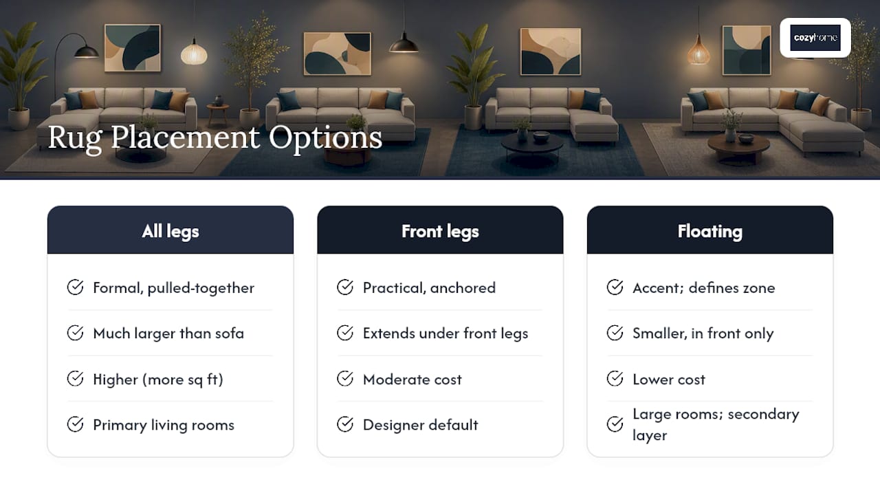 Comparison of sectional rug placement styles