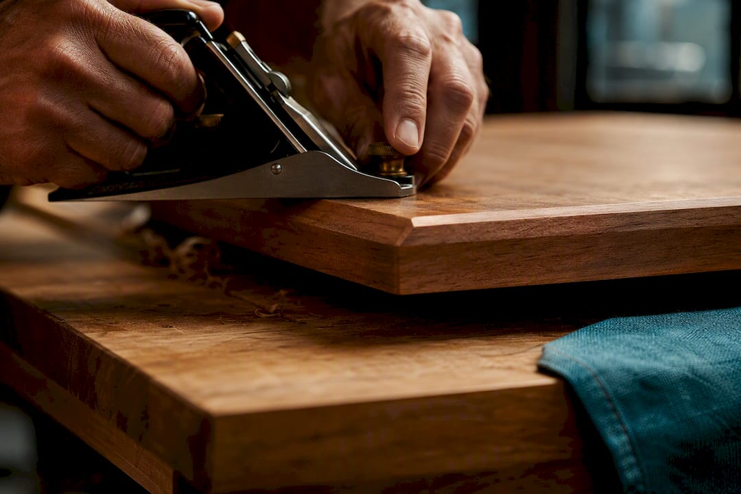 Hand plane refining a tabletop edge