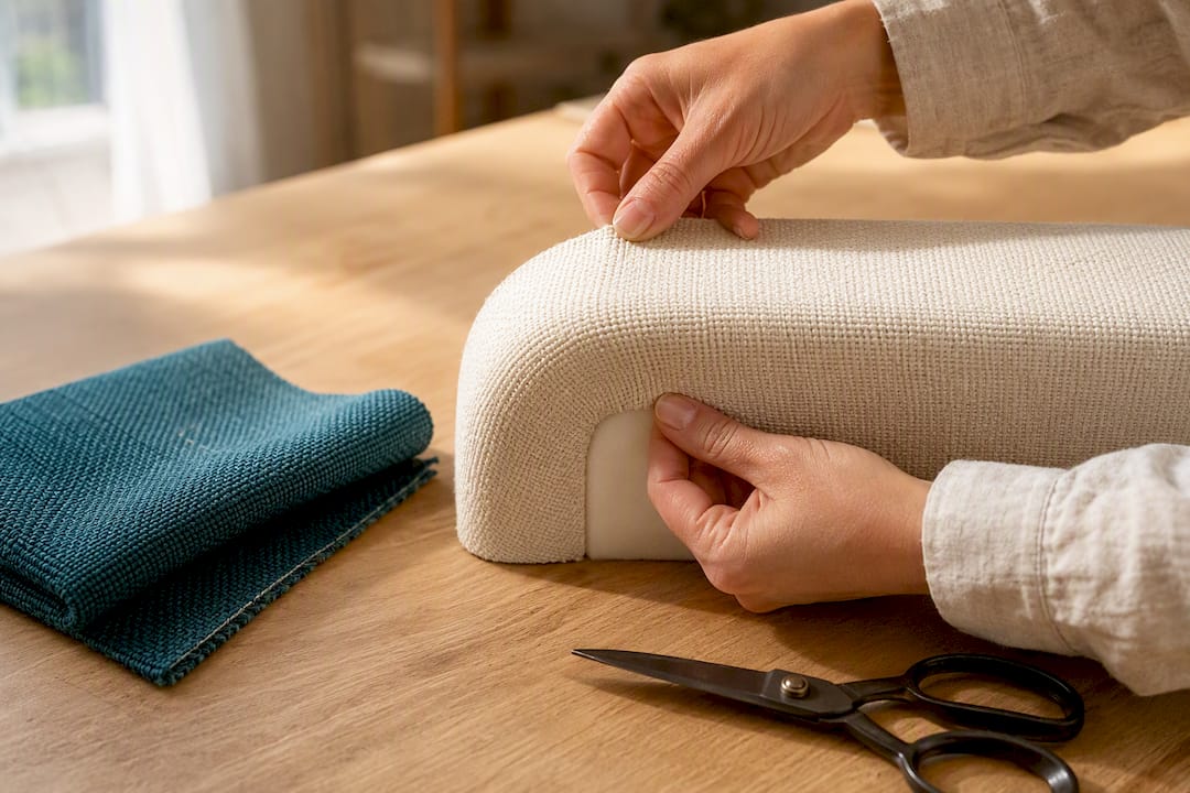 Hands testing fabric around curved foam corner