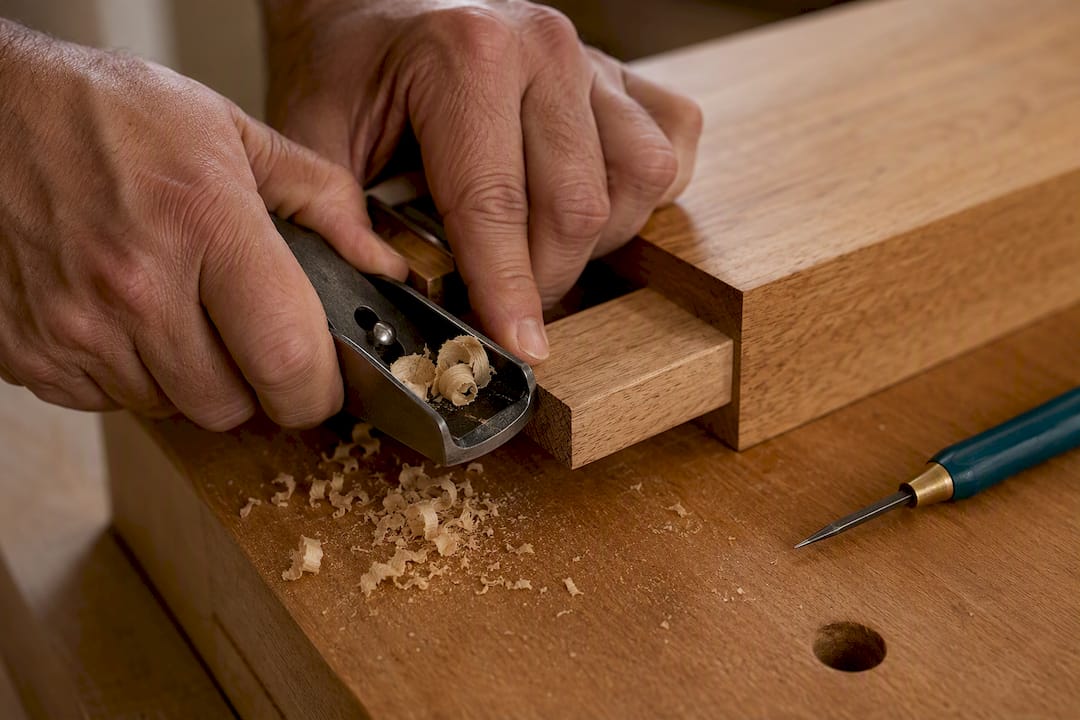 Block plane flush trimming a through tenon