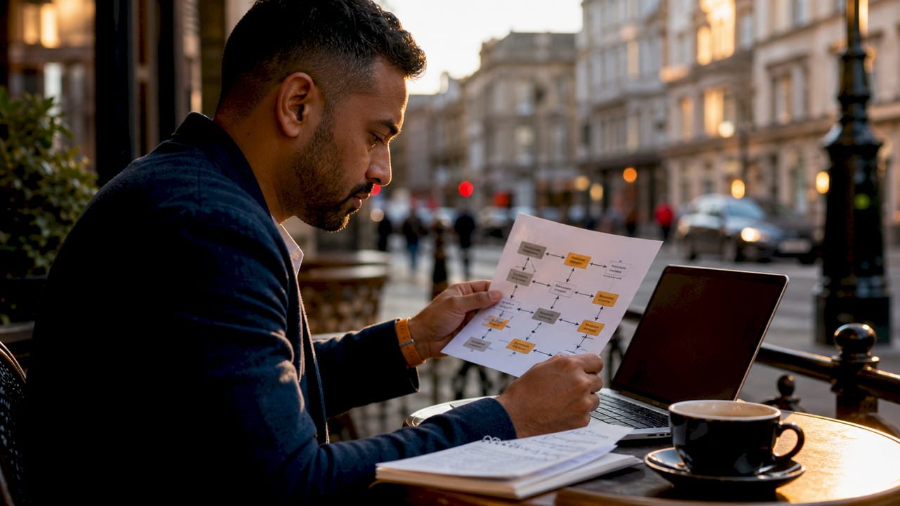 Professional reviewing lead follow-up workflow at desk