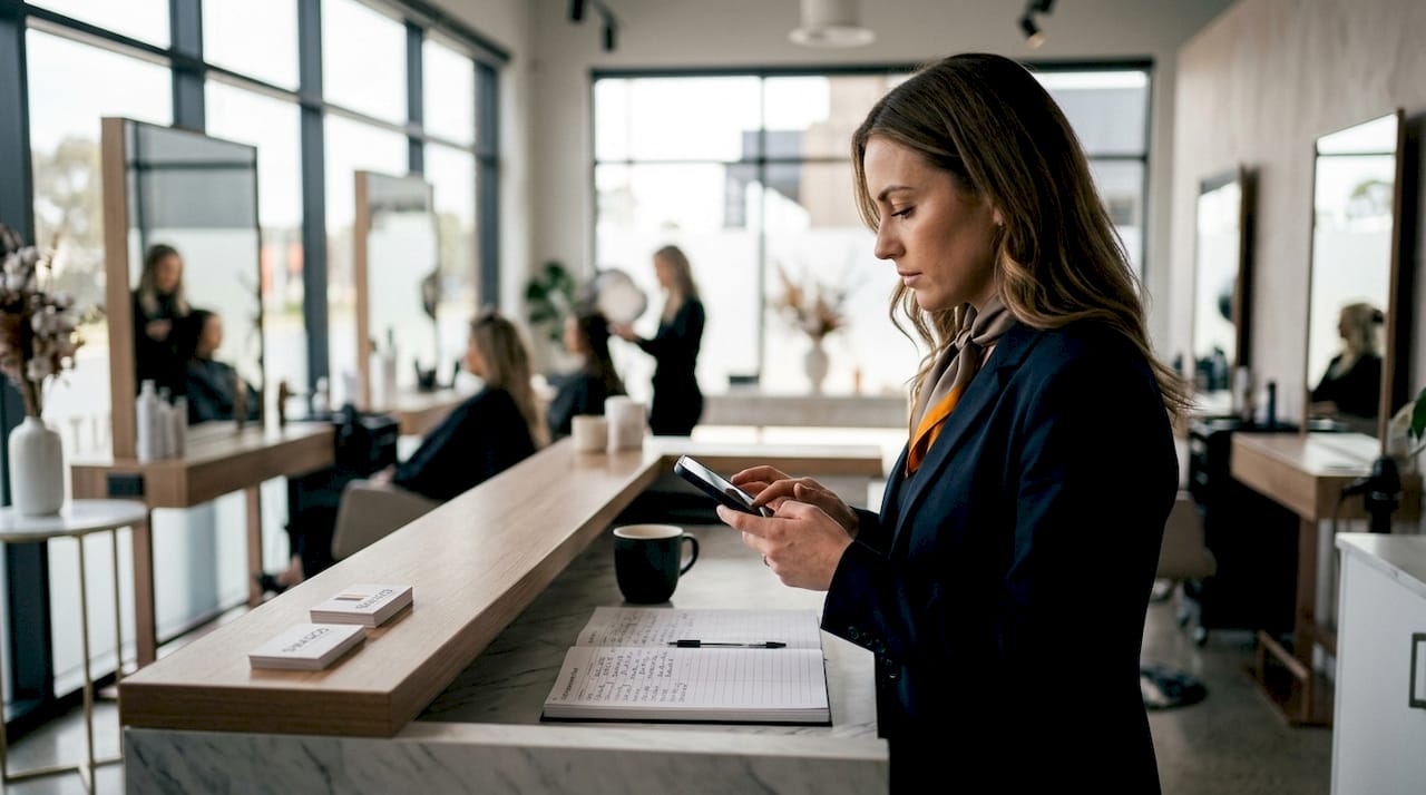Salon receptionist typing SMS appointment reminder