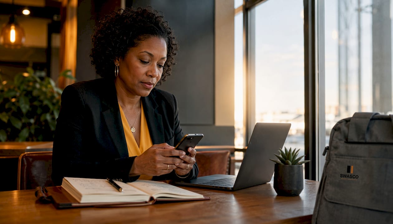 Agent texting property leads in home office