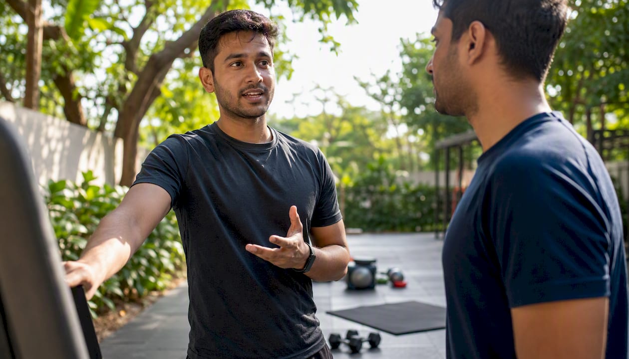 Gym coach consulting prospective member about goals