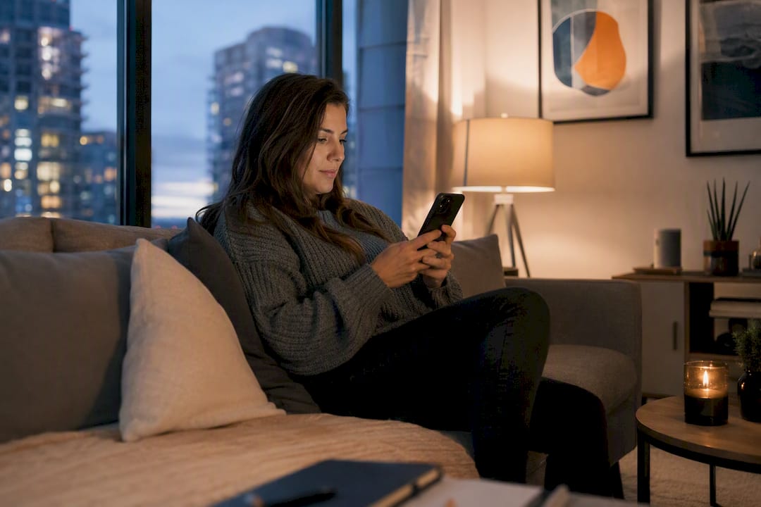 Tenant making an evening property enquiry on smartphone