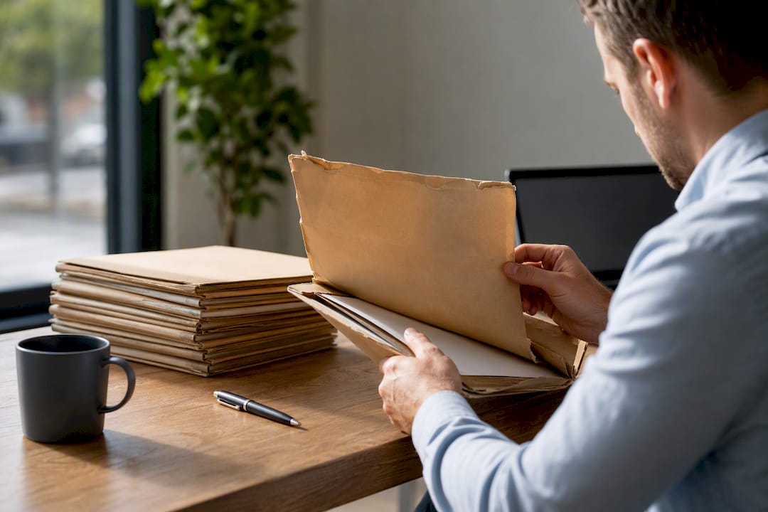 Hands organizing dormant lead files on desk