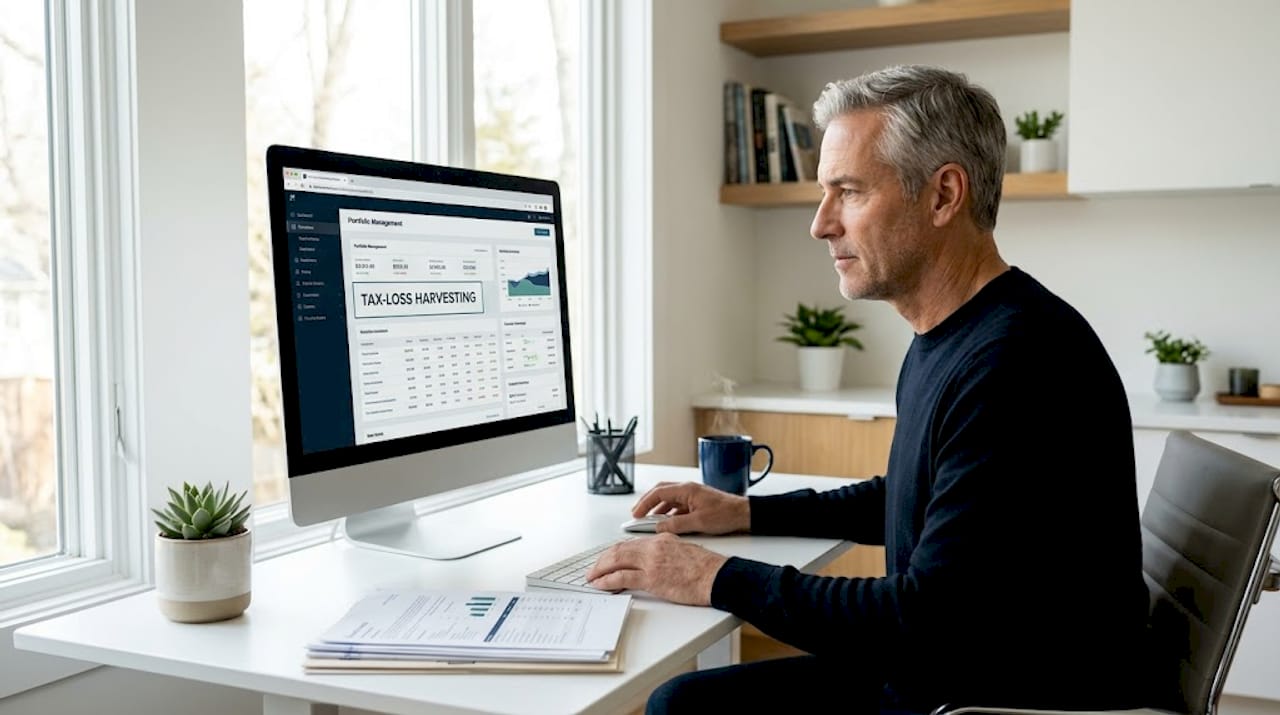 Man reviewing tax-loss harvesting on computer
